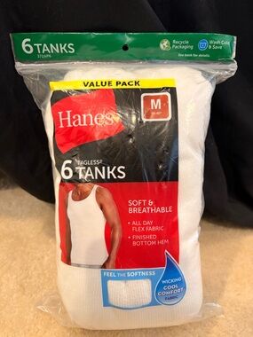 Hanes White 6-Pack Men's Tagless Tank Tops - Medium